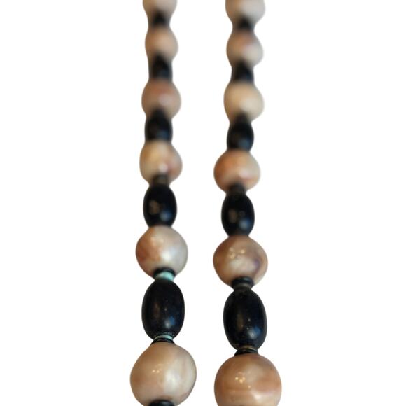 Pauline Rader Vintage Beaded Necklace Black Cream Marbled 32” Signed Statement - Picture 4 of 11